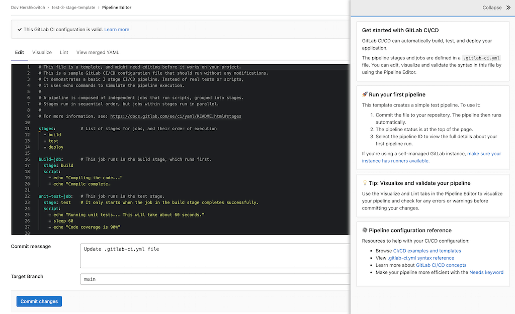 Prepopulate the CI/CD pipeline editor with an initial template