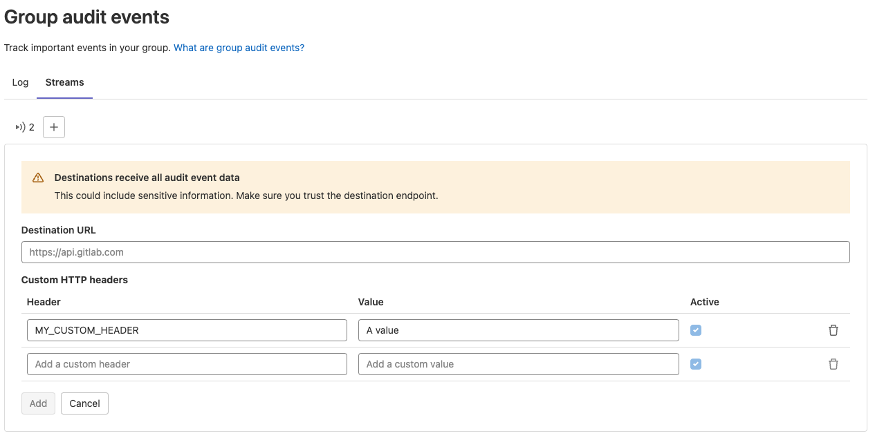 UI for custom HTTP headers on streaming audit events