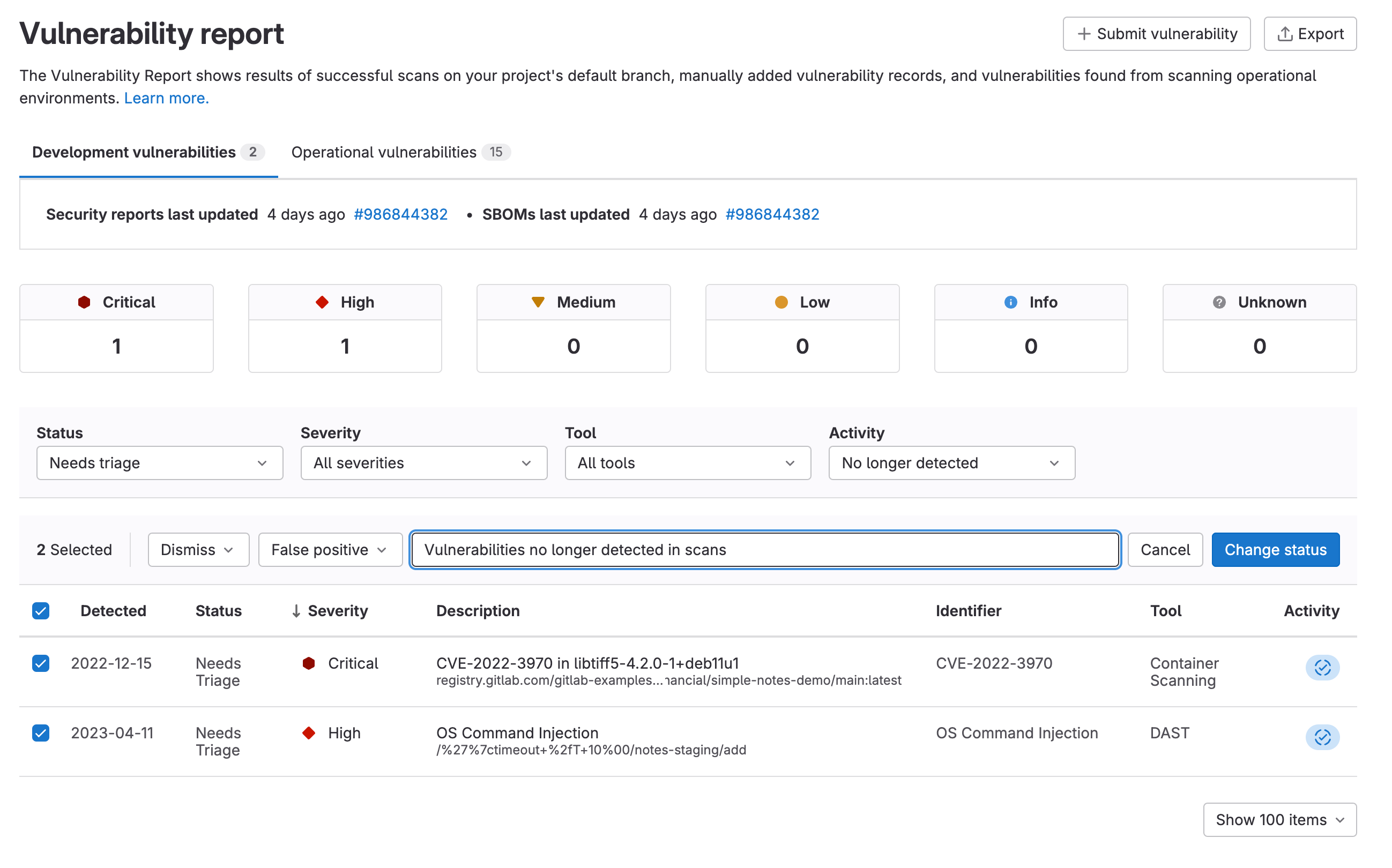 Vulnerability bulk status updates