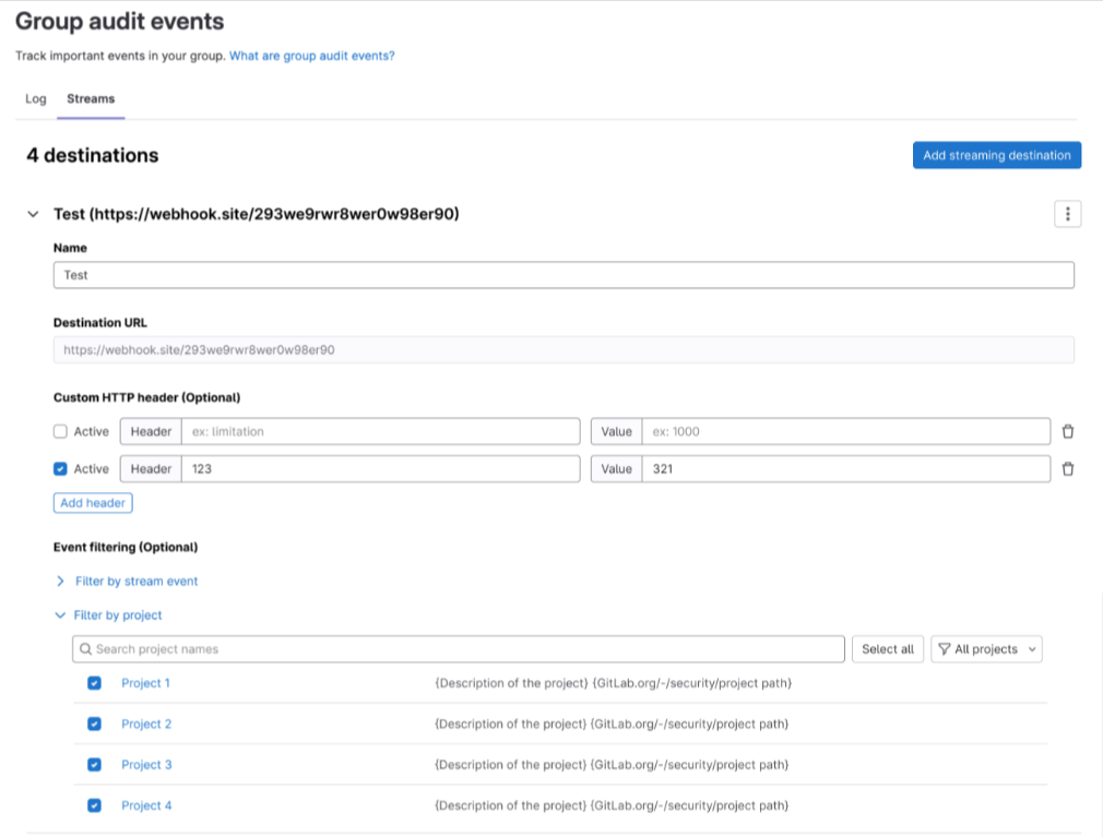 Filter streaming audit events by sub group/project at group level