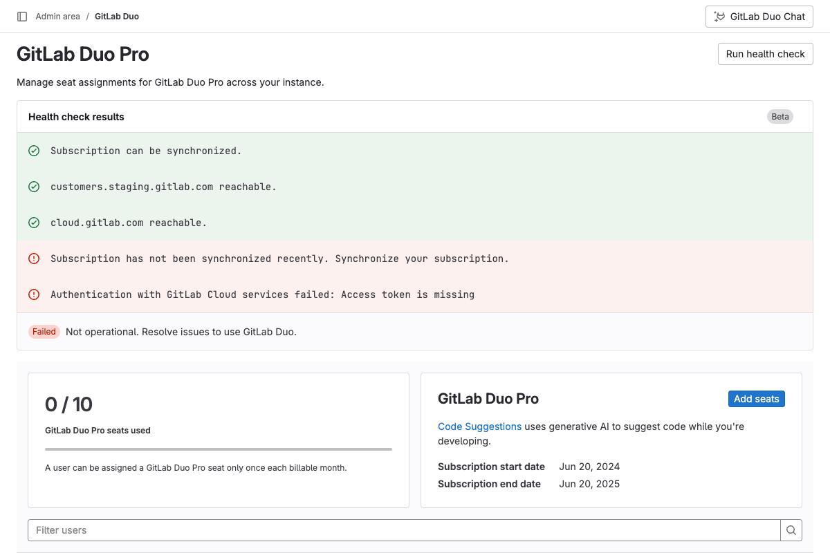 Health check for GitLab Duo in beta