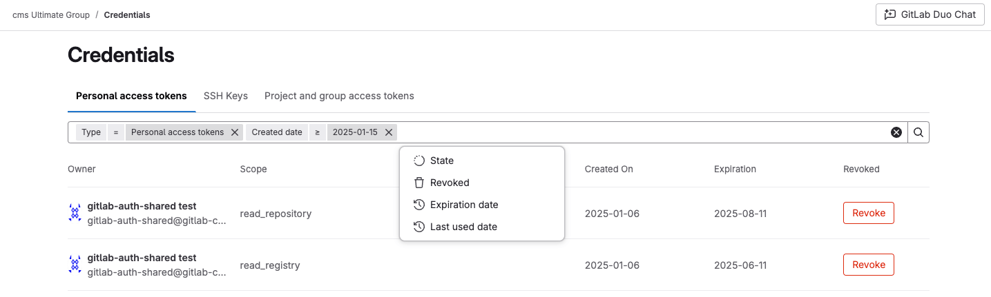 Search and filter the Credentials Inventory